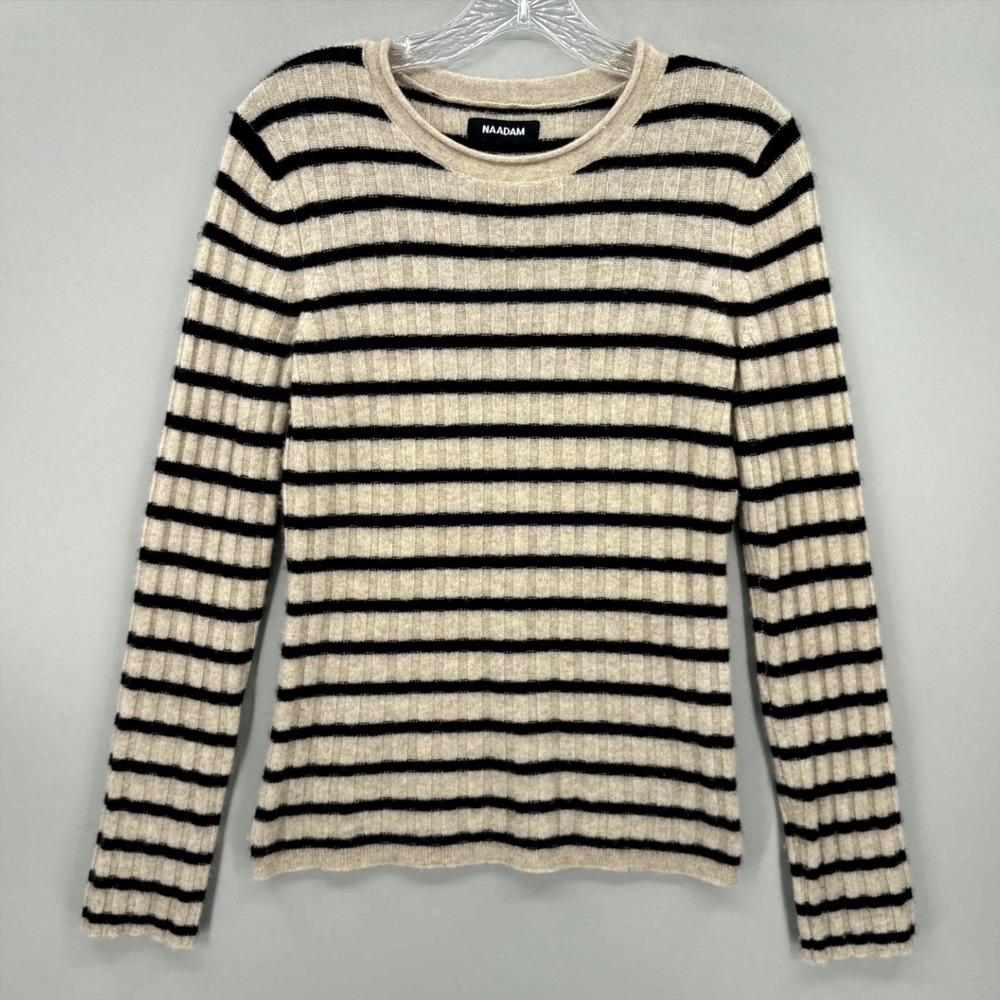 Naadam Sweater Womens Small Beige Black Stripe 100% Cashmere Crewneck Pullover